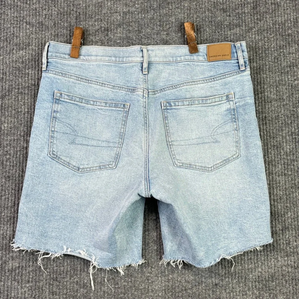 American Eagle Perfect Bermuda Shorts Womens 10 Blue Strigid Distressed Raw Hem